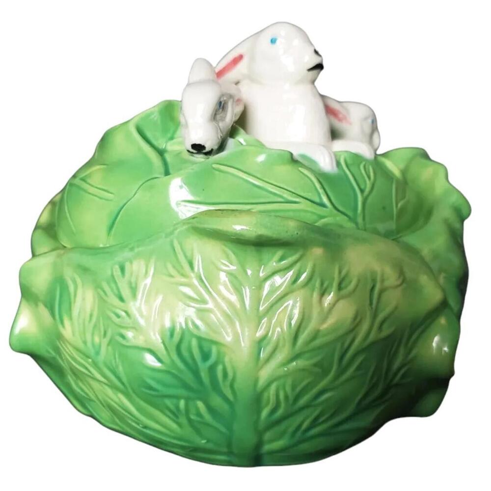 Vtg Holland Mold Ceramic Lidded Cabbage bowl White Bunny on Lid Easter READ